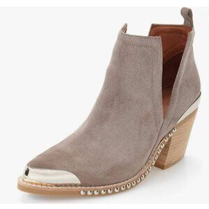 YDN Gray Studs Low Heeled Ankle Boots Suede Cowboy Cutout with Metal Toe Shoes